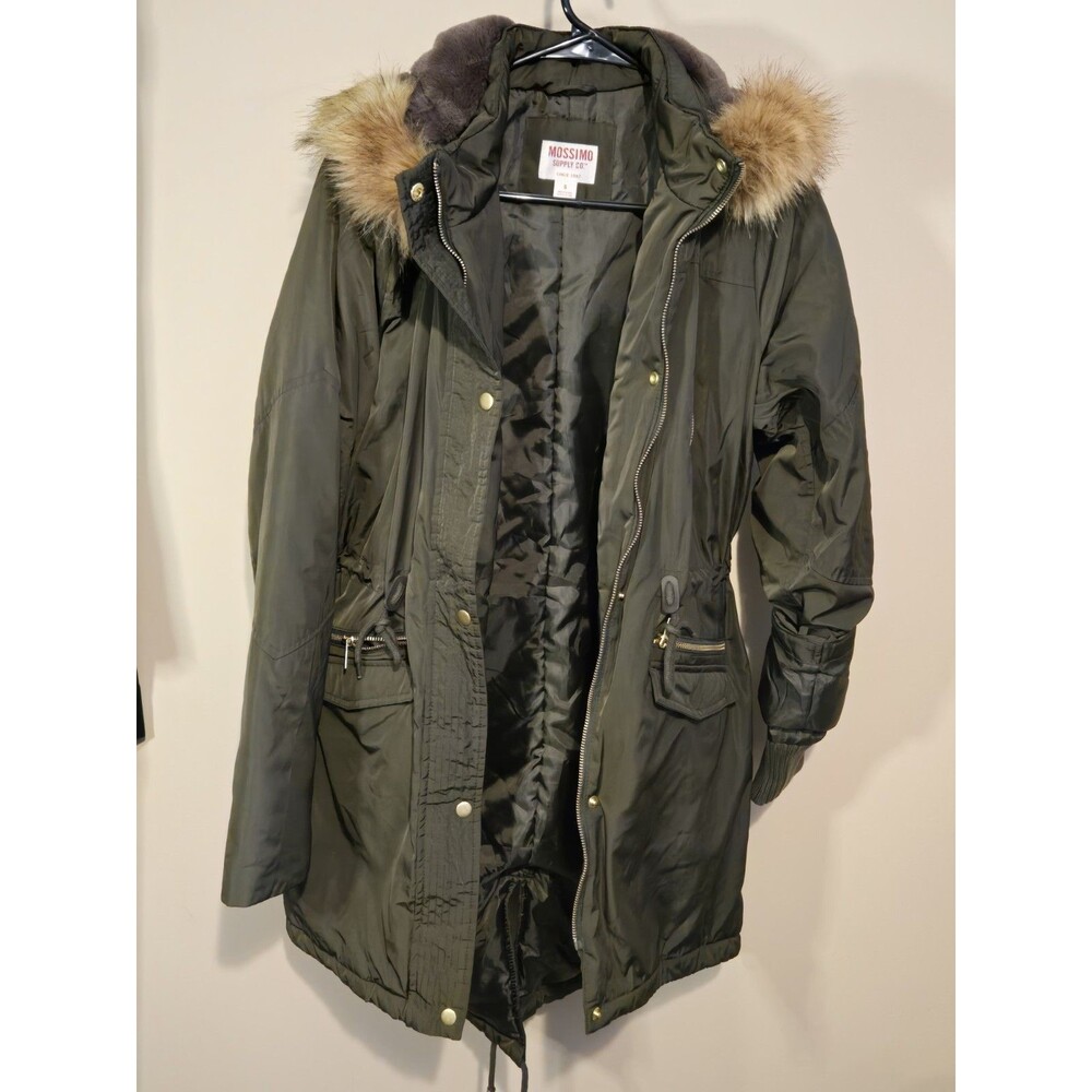 Mossimo Olive Green Utility Jacket Removable Faux Fur Hood Parka Coat, Small